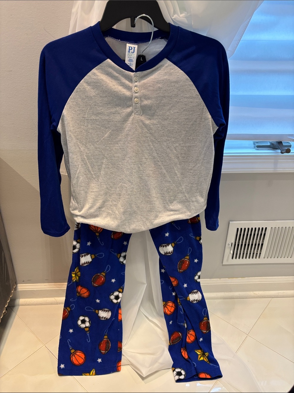 Place Blue & White Raglan Sports Print Christmas Ornament Pajama Set Youth XL